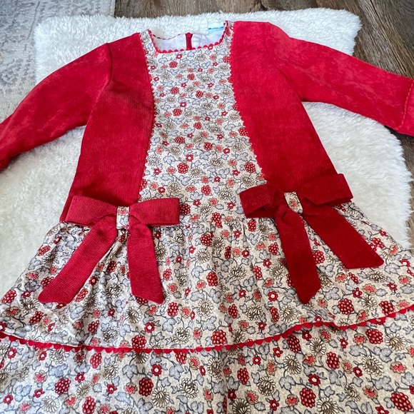 Sardon Girl’s Floral & Red Corduroy Autumn Party  Dress Sz 4Yrs - Picture 4 of 10